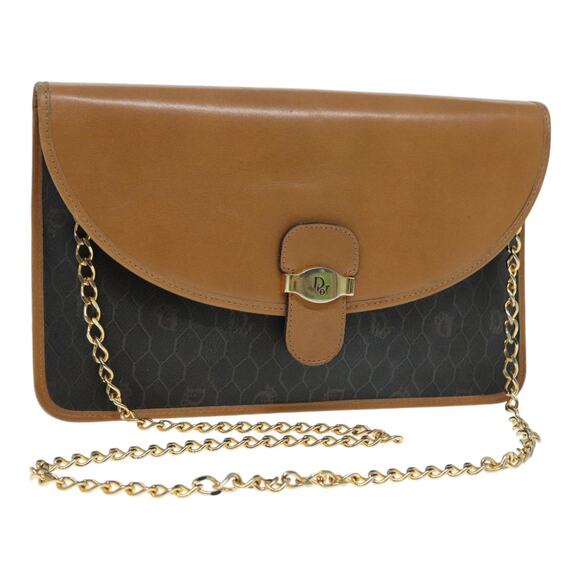 DIOR Chain Shoulder Bag Pvc Leather Black Brown Gold - Picture 1 of 12